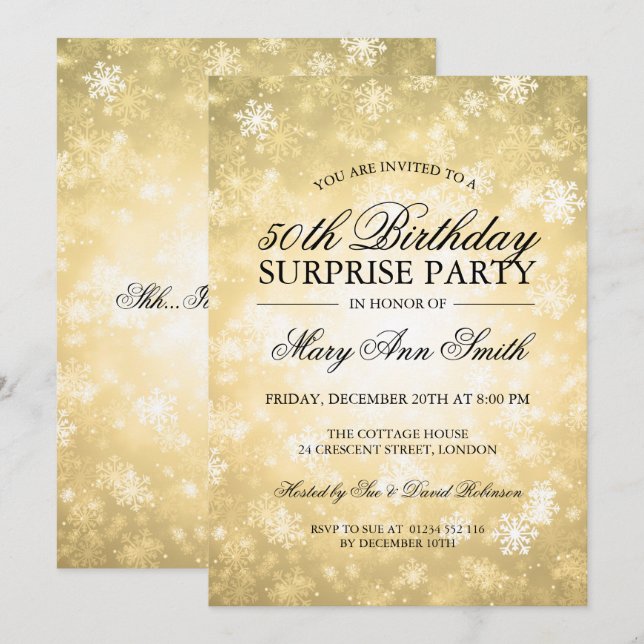 50th Surprise Birthday Gold Winter Wonderland Invitation (Front/Back)