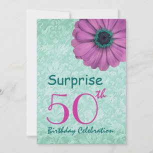 50th SURPRISE Birthday Party Pink and Teal Daisy Invitation