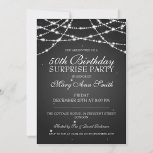 50th Surprise Birthday Party String Stars Black Invitation