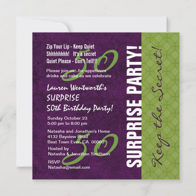 50th SURPRISE Birthday Purple and Green Pattern Invitation (Front)