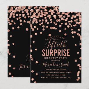50th Surprise Birthday Rose Gold Black Invitation