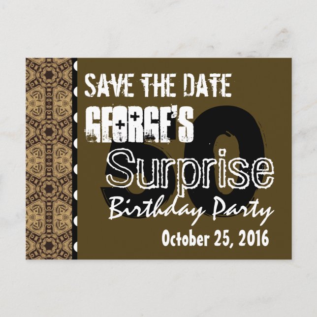 50th Surprise Birthday Save the Date W01 Gold Announcement Postcard (Front)