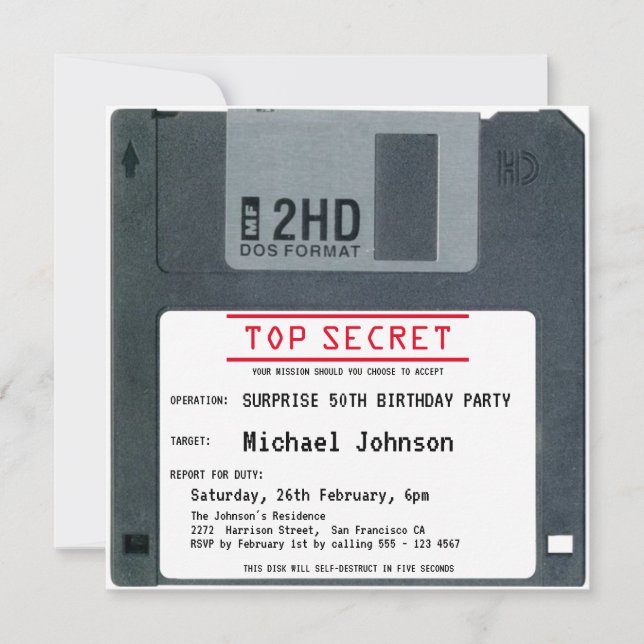 50th Surprise Birthday Top Secret Retro 80s Disk Invitation (Front)