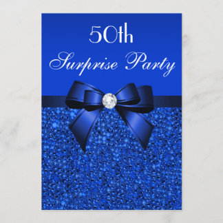 50th Surprise Party Royal Blue Sequins and Bow Invitation