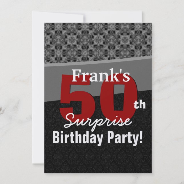 50th Surprise Party Silver Black and Red Invitation (Front)