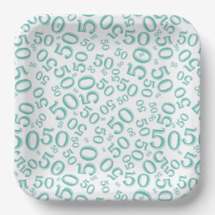 50th Teal/White Random Number Pattern Paper Plate