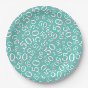 50th Teal/White Random Number Pattern Paper Plate