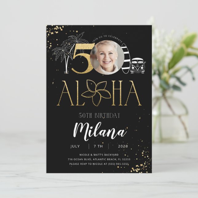 50th Tropical Birthday Gold Invitation with Photo (Standing Front)