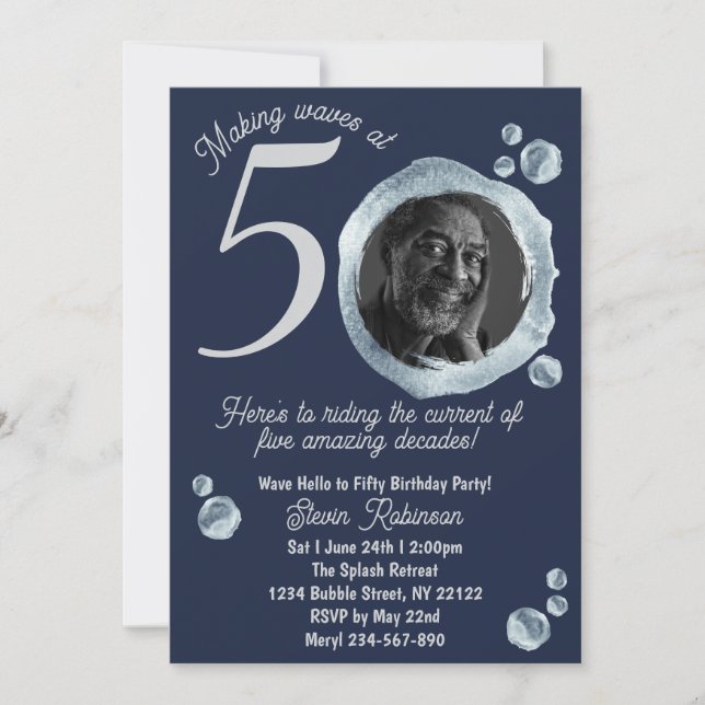 50th Twilight Blue Bubble Birthday Party Photo Invitation (Front)