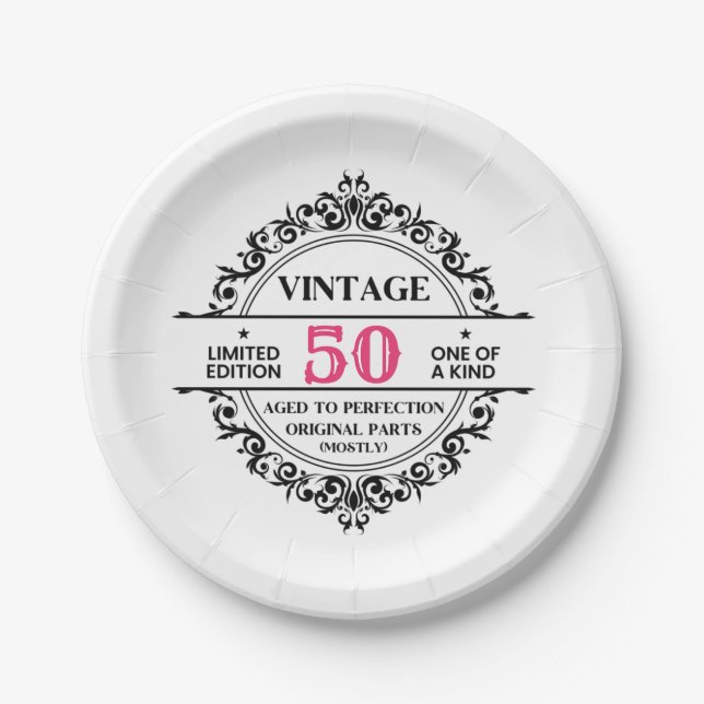 50th Vintage Black Pink Funny Birthday  Paper Plate (Front)