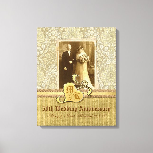 50th Wedding Anniversary Antique Damask Gold Canvas Print (Front)