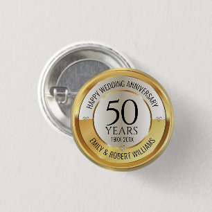 50th wedding anniversary black and gol 1 inch round button