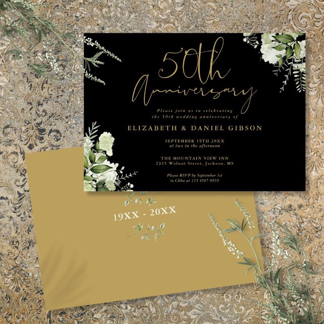 50th Wedding Anniversary Black And Gold Floral Invitation (50th Wedding Anniversary Black And Gold Floral Invitation)