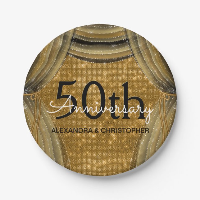 50th Wedding Anniversary Black and Gold Sparkle Paper Plate (Front)