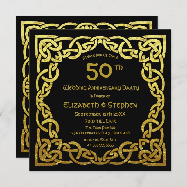 50th Wedding Anniversary Black & Gold Celtic Knot  Invitation (Front/Back)