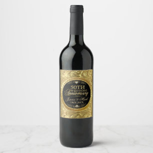 50th Wedding Anniversary Black & Gold Damasks 2 Wine Label