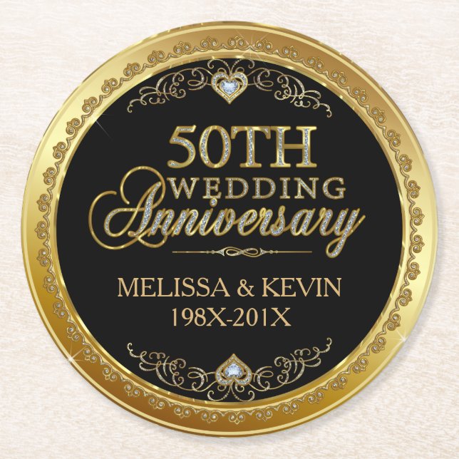 50th Wedding Anniversary Black & Gold Damasks 3 Round Paper Coaster (Front)
