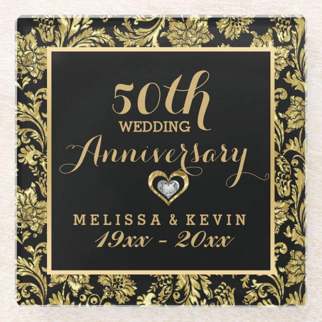 50th Wedding Anniversary Black & Gold Damasks Glass Coaster (Front)