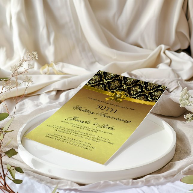 50th Wedding Anniversary Black & Gold Damasks Invitation (Creator Uploaded)