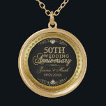 50th Wedding Anniversary Black Gold & Diamonds Gold Plated Necklace<br><div class="desc">Elegant 50th wedding anniversary gold and diamonds glitter print over black background. Gold tones round circle frame. Customizable names and years.</div>