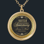 50th Wedding Anniversary Black Gold & Diamonds Gold Plated Necklace<br><div class="desc">Elegant 50th wedding anniversary gold and diamonds glitter print over black background. Gold tones round circle frame. Customizable names and years.</div>