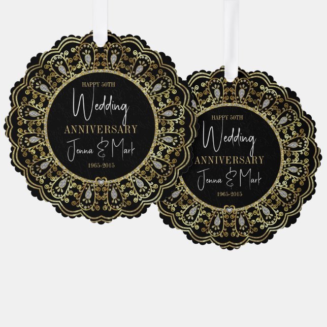 50th Wedding Anniversary Black & Gold Frame Ornament Card (Front/Back)