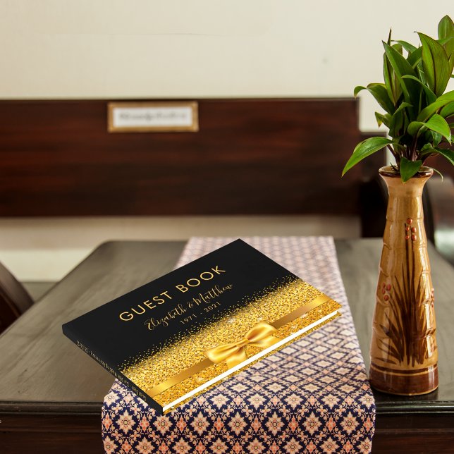 50th Wedding Anniversary black gold glam sparkle Guest Book (Creator Uploaded)