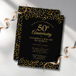 50th Wedding Anniversary Black Gold Hearts  Invitation Postcard<br><div class="desc">Featuring chic golden love hearts confetti. Personalize with your special fifty years golden anniversary information in modern gold lettering. Designed by Thisisnotme©</div>