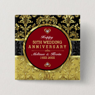 50th Wedding Anniversary Black Gold & Red 2 Inch Square Button