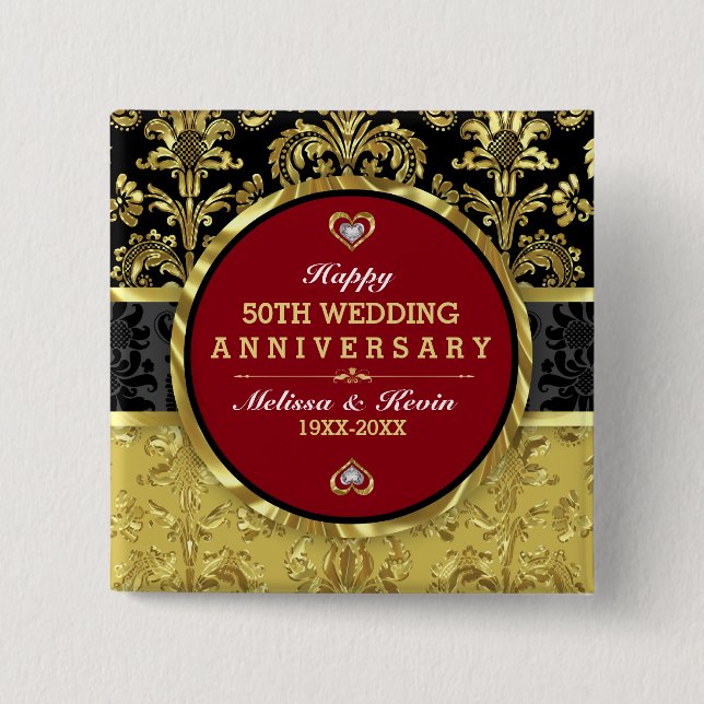 50th Wedding Anniversary Black Gold & Red 2 Inch Square Button (Front)