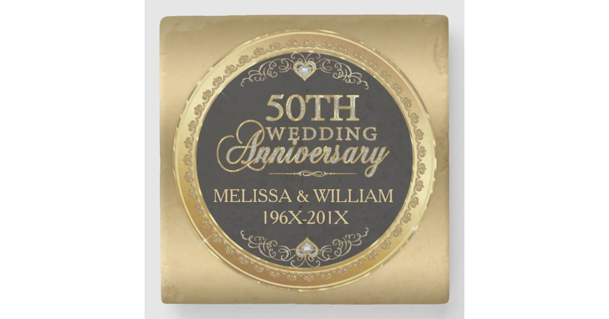 50th Wedding Anniversary Black Gold Stone Coaster Zazzle