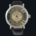 50th Wedding Anniversary Black & Gold Watch<br><div class="desc">Elegant gold 50th wedding anniversary commemorative plate with black and gold damasks pattern,  ornate circle frame,  and white diamond hearts. All wedding anniversary colours in this design can be requested. If you need help customizing,  changing colour,  or anything else to any of my designs,  contact ArtOnWear designer.</div>