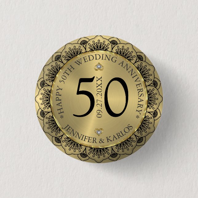 50th wedding anniversary black lace & gold  1 inch round button (Front)
