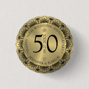 50th wedding anniversary black lace & gold 1 inch round button
