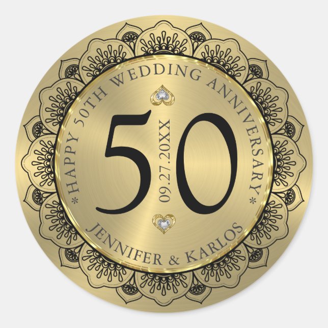 50th wedding anniversary black lace & gold classic round sticker (Front)