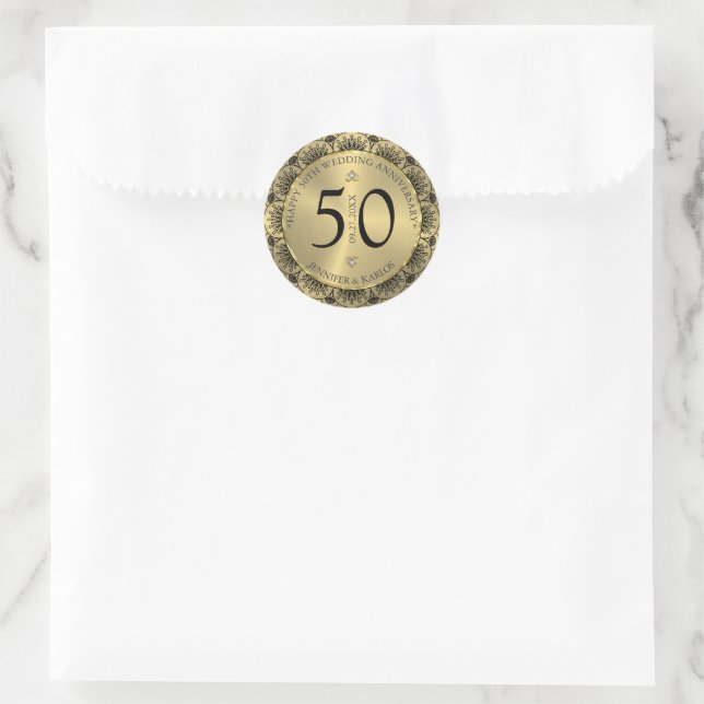 50th wedding anniversary black lace & gold classic round sticker (Bag)