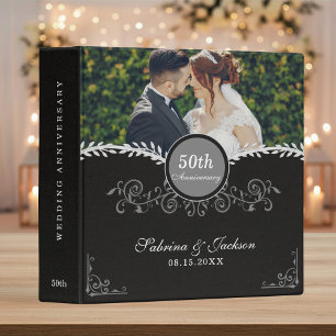 50th Wedding Anniversary Black White Floral Binder