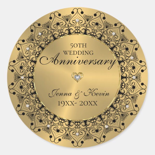 50th Wedding Anniversary BlackMandala On Gold Classic Round Sticker (Front)