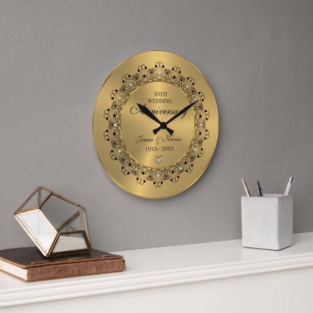 50th Wedding Anniversary BlackMandala On Gold Large Clock (Office)