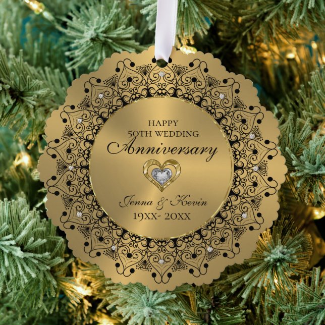 50th Wedding Anniversary BlackMandala On Gold Ornament Card (Insitu (Tree))