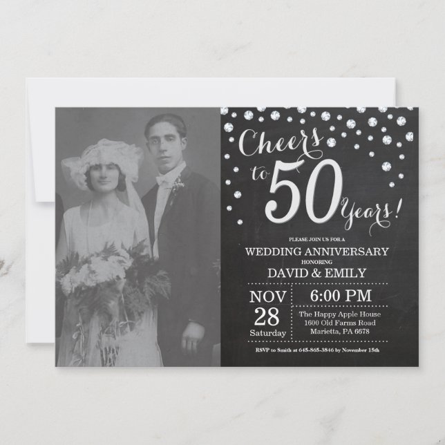 50th Wedding Anniversary Chalkboard Black Silver Invitation (Front)