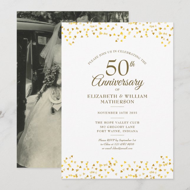 50th Wedding Anniversary Chic Gold Hearts Photo Invitation (Front/Back)