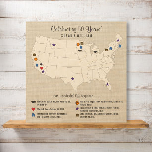 50th Wedding Anniversary Custom Life Story USA Map Wood Wall Art
