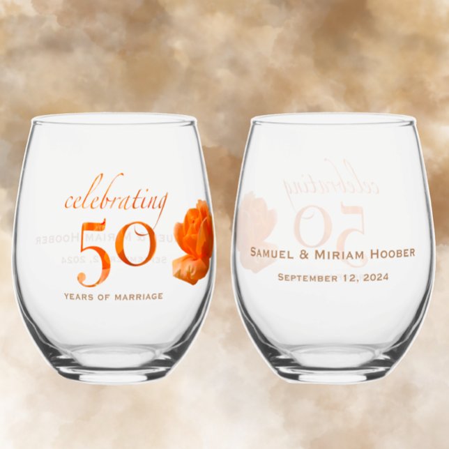 50th wedding anniversary customize peach rose gift stemless wine glass (Personalized 50th anniversary keepsake stemless wineglasses with unique peach rose elegant gift idea)