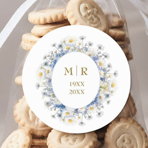 50th Wedding Anniversary Daisy Blue Gold Classic Round Sticker