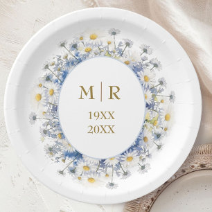 50th Wedding Anniversary Daisy Blue & Gold Paper Plate