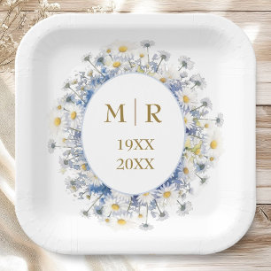 50th Wedding Anniversary Daisy Blue & Gold Paper Plate