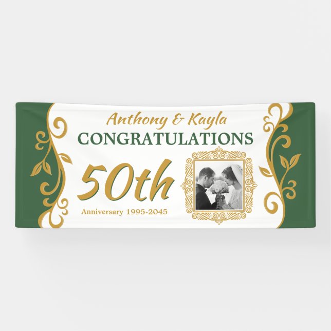 50th Wedding Anniversary Dark Green Gold Flourish Banner (Horizontal)