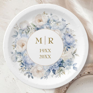50th Wedding Anniversary Dusty Blue Gold Paper Plate