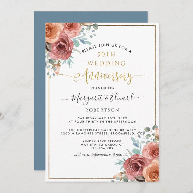 50th Wedding Anniversary, Dusty Blue Peach Floral Invitation (Front/Back)